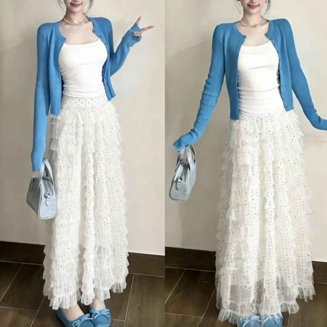 

Polka Dot Mesh Skirt Cardigan Set Dopa Aesthetic Beautiful Spring Unique Elegant Light Maturity Whole Set Women's Fashion