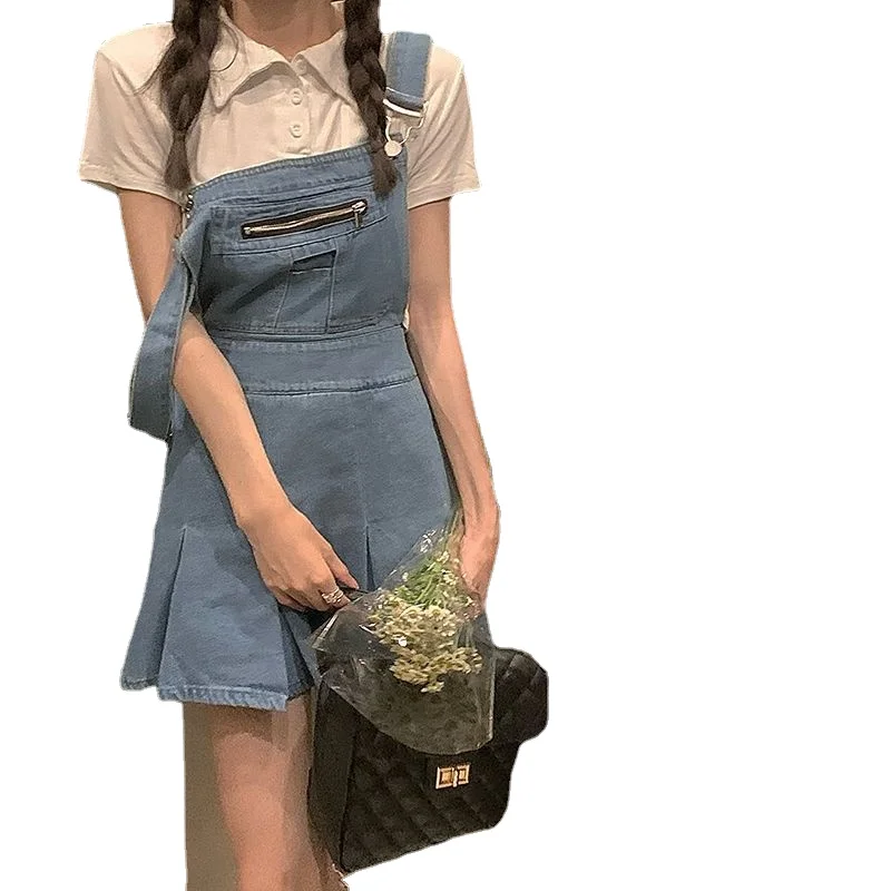 

2023 Denim Straps Skirt Female Summer Ins Hong Kong Wind Students Hundred with Age Reduction Pleated Dresses Tide Y2K