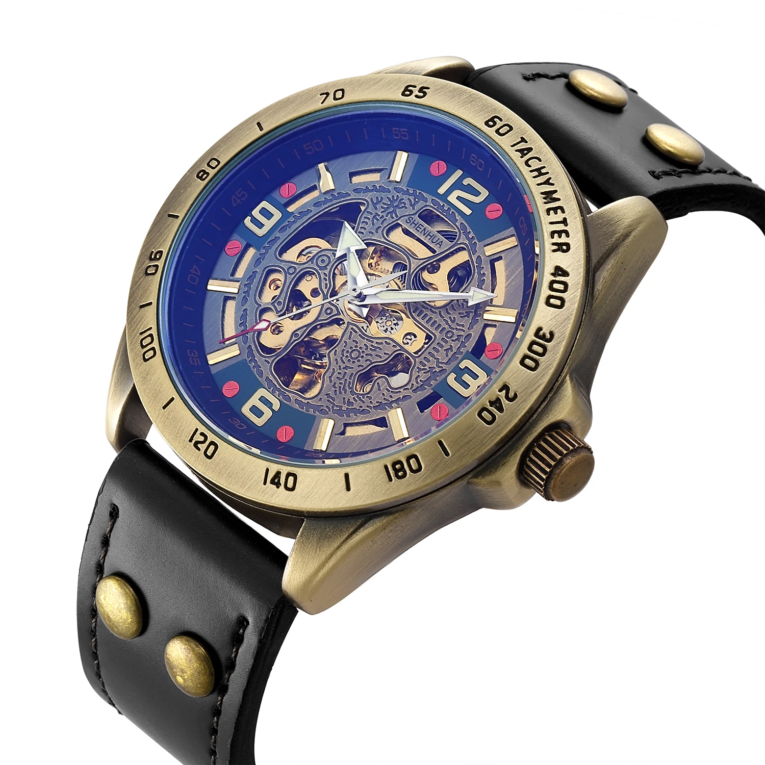 SHENHUA الفاخرة الرجعية البرونزية الرجال التلقائي ساعة ميكانيكية نحت الهيكل العظمي Steampunk مقاوم للماء ساعة اليد الرجالية