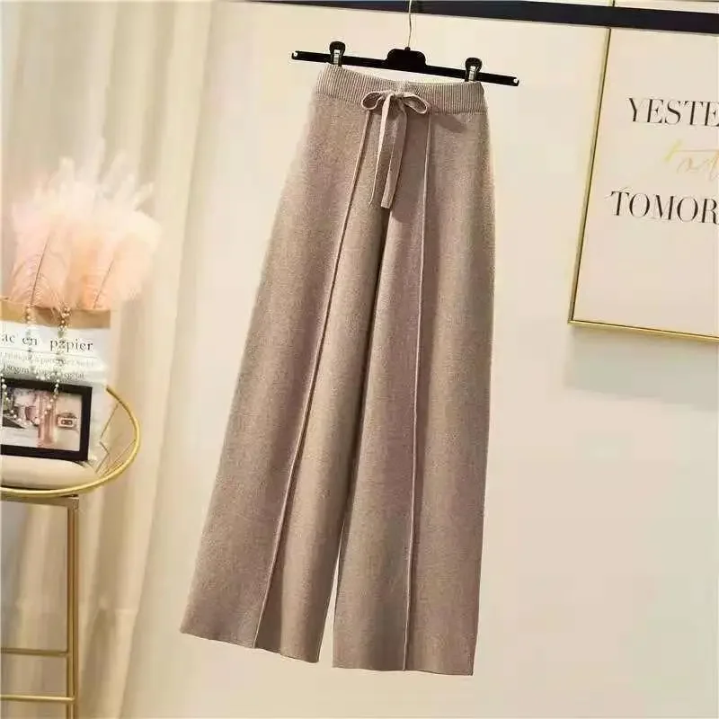 

Knitted pants women spring and autumn high waist elastic drape drawstring loose casual mopping pants straight wide leg pants