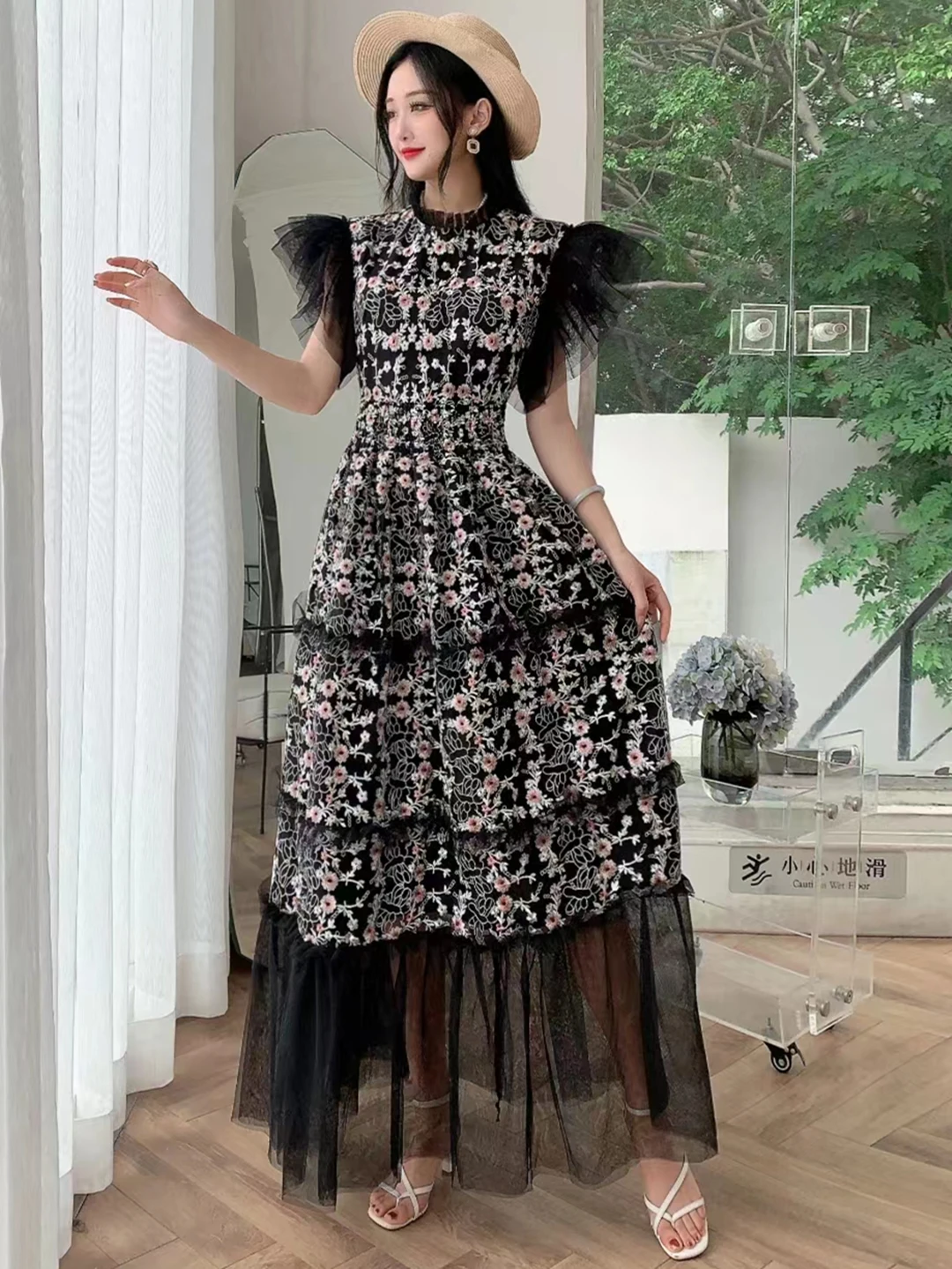 2024 New Spring Summer Women Stand Collar Short Sleeve Slim Maxi Dress High Quality Flowers Embroidery Mesh Runway Dress