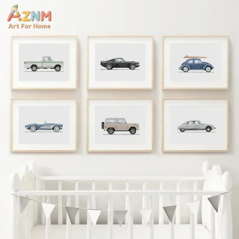 Vintage Classic Car Canvas Wall Art Minimalist Retro Vehicle Print Boys Nursery Bedroom Decor Unframed