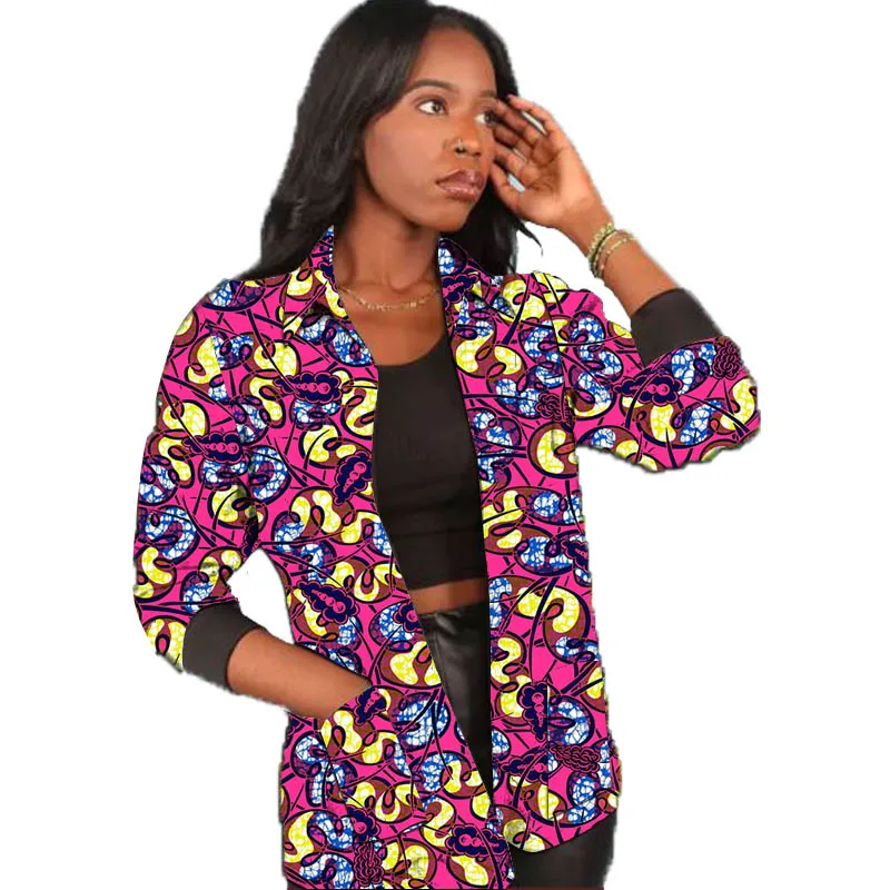 African Fashion Women's Bomber Jackets Street Style Colorful Print Casual Female Black Turn Down Collar Short Coat