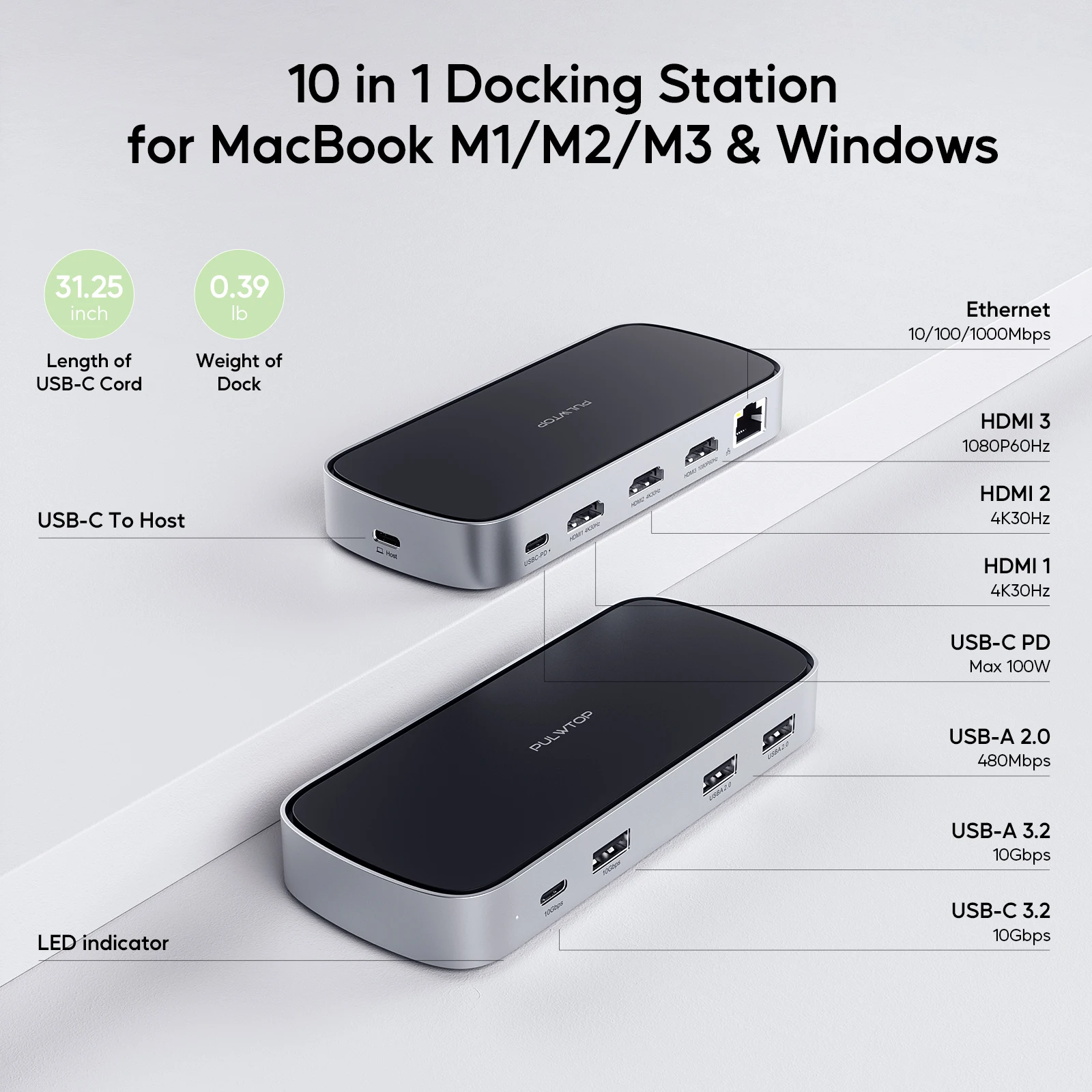 PULWTOP USB C Docking Station with Dual Monitor, 3 HDMI, Ethernet,USB C/A 10Gbps, PD For MacBook; Windows (60W Adapter Included)