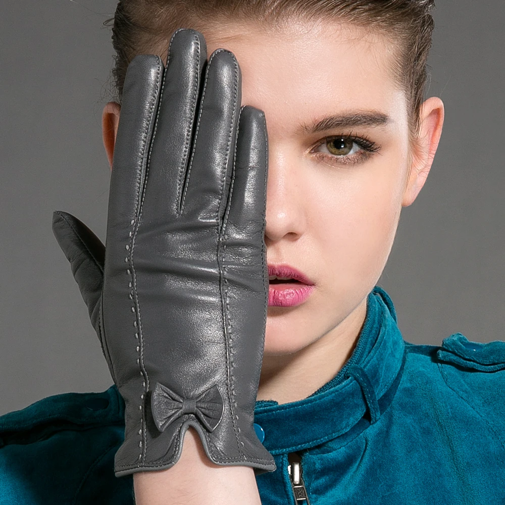 

GOURS Winter Real Leather Gloves Women Gray Genuine Goatskin Gloves Fleece Lining Warm Soft Driving Fashion Bowknot New GSL015