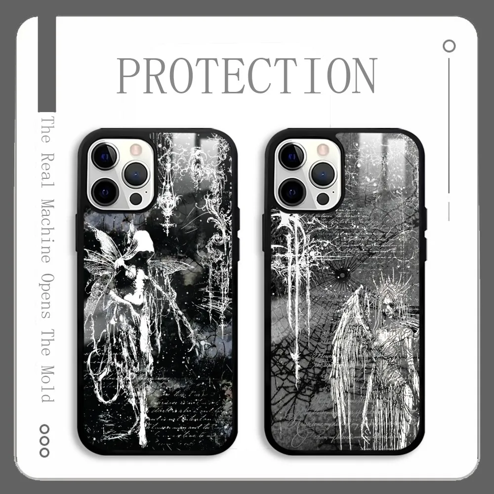 

Gothic Black White Angels Phone Case For IPhone 16 15 14 13 12 11 Pro Max Plus Mini Plus Hard Mirror Surface Protect Funda