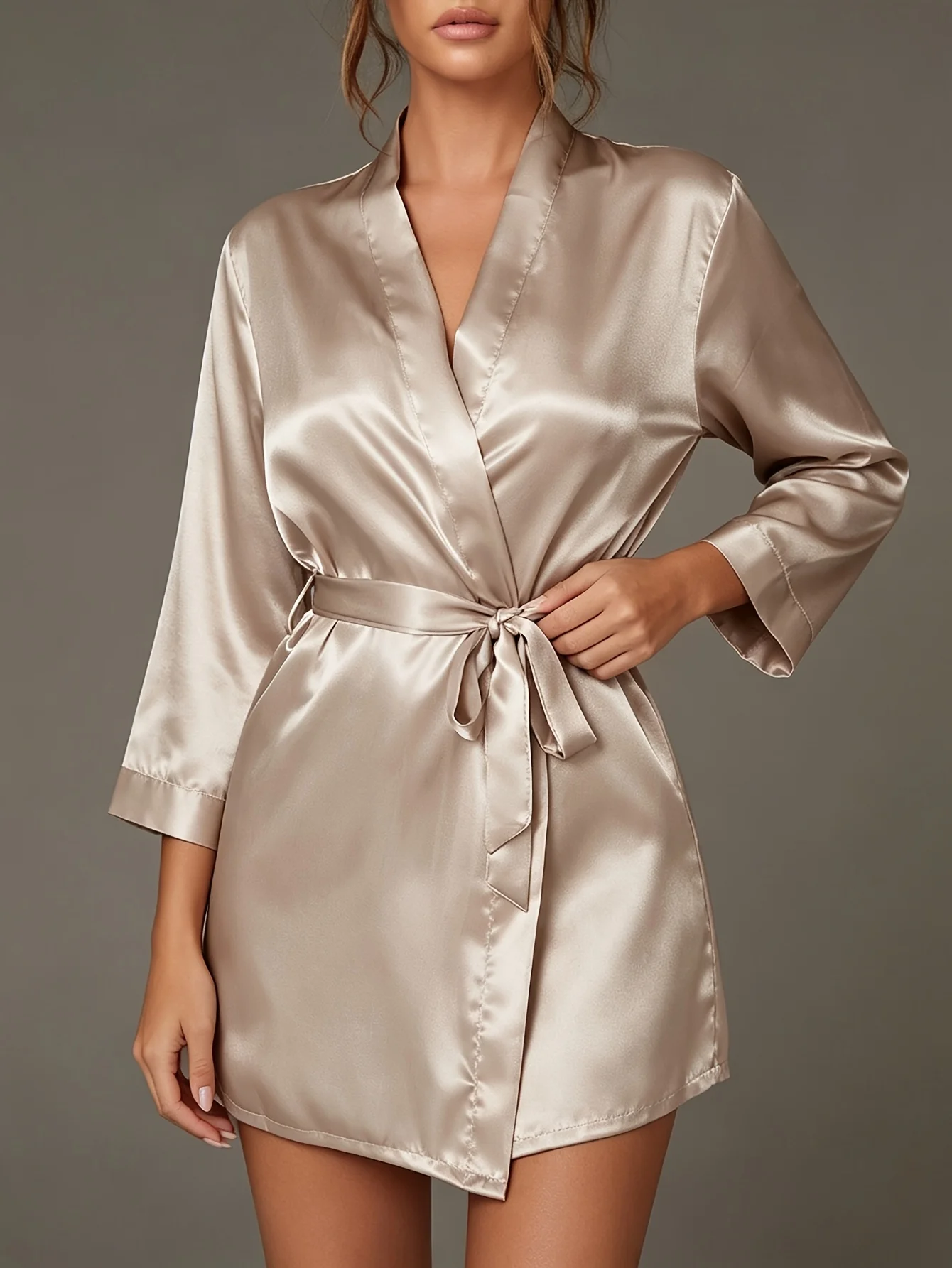 1-Piece Elegant Women's Solid Color Lace-Up Short Loose-Fitting Nightgown That Can Be Worn Outside, Home Robe with Three-Quarter Sleeves, Bridal Dressing Gown, Home Wear, Valentine's Day Romantic Gift