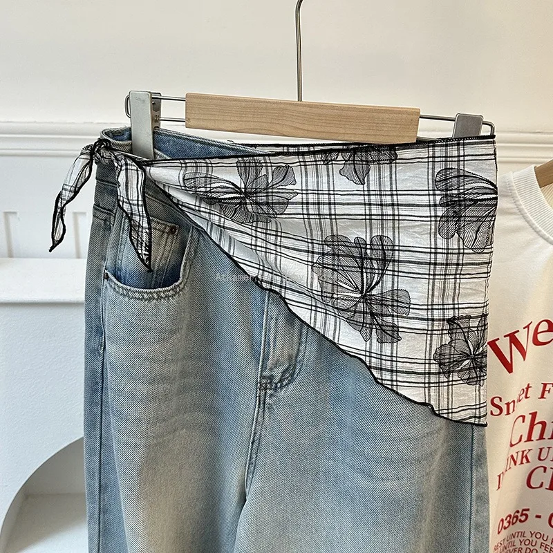 

Silk Scarf Plaid Headscarf Bow Headband Tied Hair Small Scarf Triangular Scarf Tied Waist Sweet Schoolgirl Summer