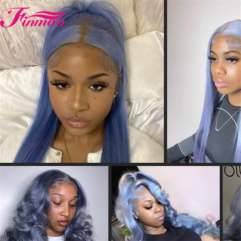 Finmoo Human Hair Wigs Blue Wig 4x4 Lace Front Human Hair Wigs Icy Beauty Transparent HD Lace Frontal Human Hair Wigs Body Wave