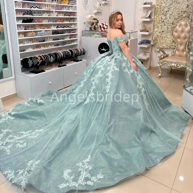 Angelsbride  Sage Green Shiny Tulle Ball Gown Quinceanera Dresses Appliques Long Trian Sweet 16 Corset Vestidos De 15 Años