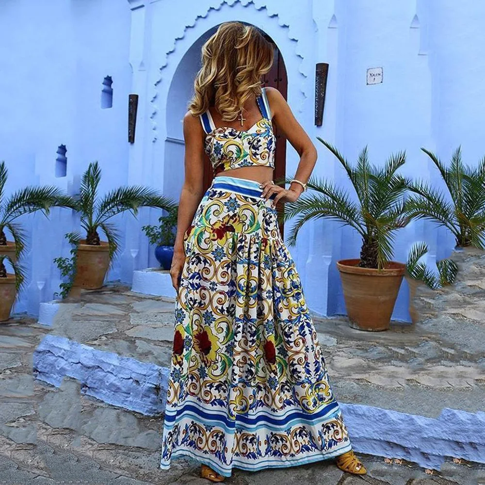 Women Dress Sets Floral Print Spaghetti Strap Crop Top And Skirt Suits Vintage Beach Maxi Long Dress