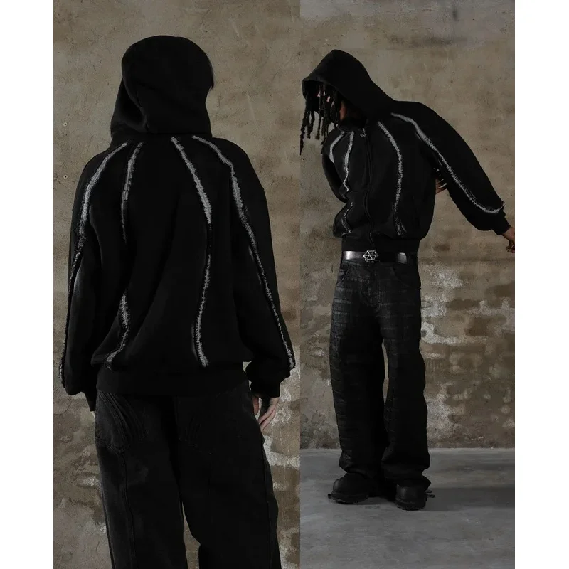 الثقيلة الربط مخطط قلنسوة بسحاب الشارع Harajuku الهيب هوب الرجعية الرجال والنساء الخريف والشتاء سميكة Y2k هوديي