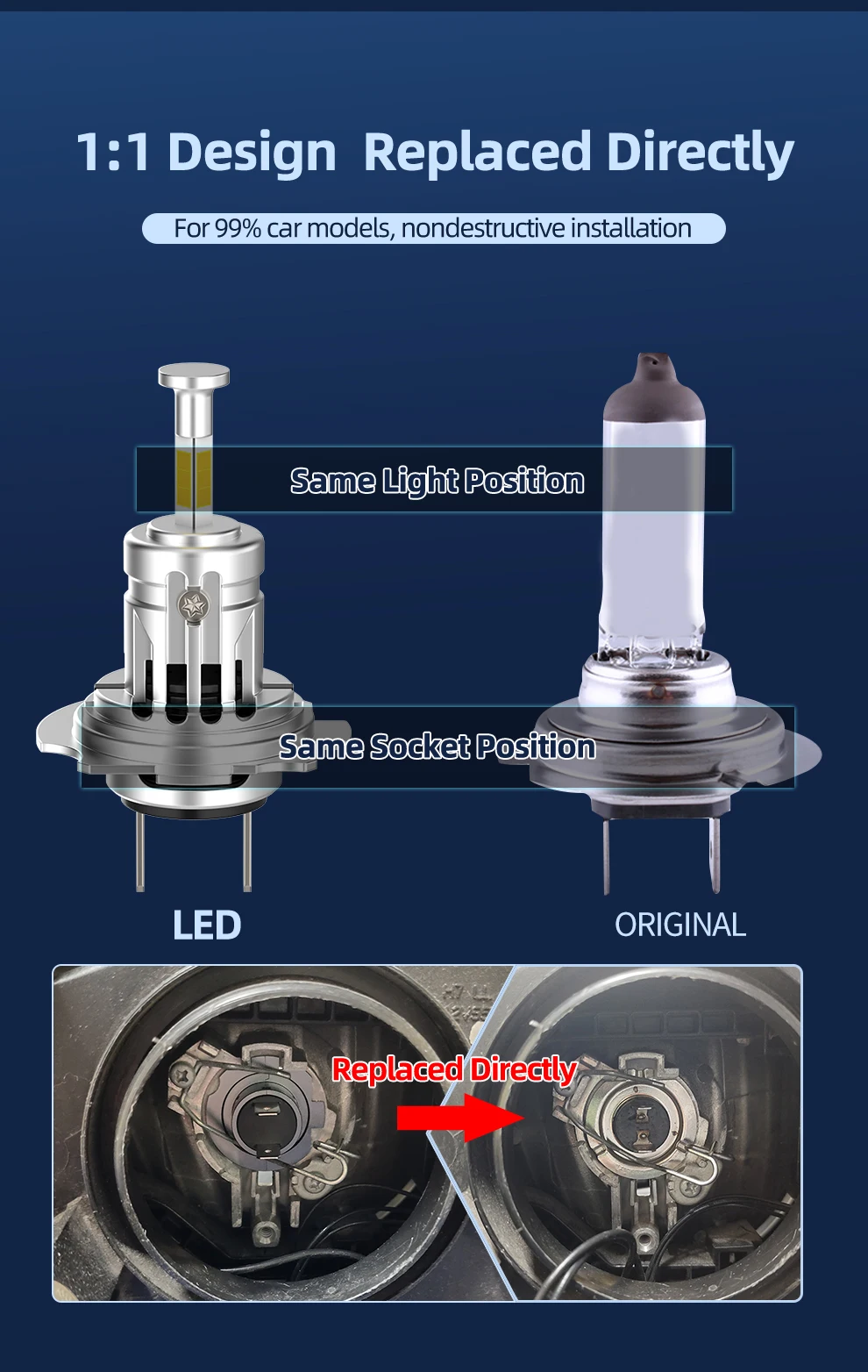 2 Stück 500 % heller als Original-Beleuchtung auf LED-H7-Scheinwerferlampen, Plug-and-Play, 6000 K, weiß, leistungsstark und ultrahell für Autos – Detail 6