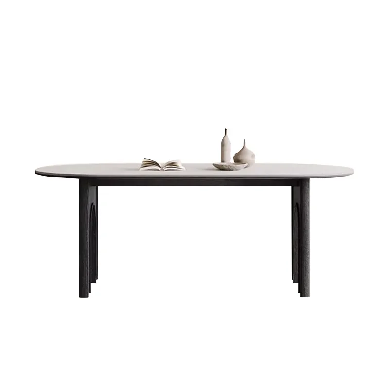 

French medieval rock slab dining table small apartment modern household black oval dining table and chairs