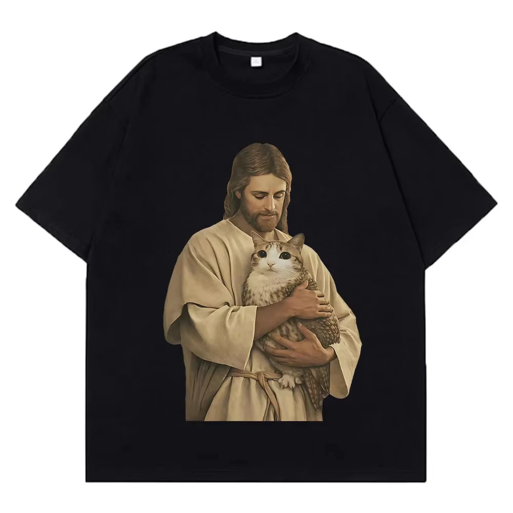 Funny Jesus Holding Meowl Funny Cat Meme Tees Men Women Vintage T-Shirt Short-sleeved Loose Cotton Harajuku T-shirts Streetwear