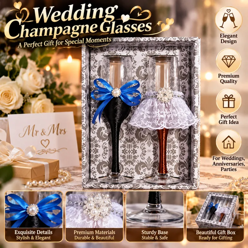 2Pcs Champagne Wedding Wine Glasses Flutes Set, Crystal Glass Bowknot, Rhinestone Tulle Decoration Bride Groom, Toasting Gift