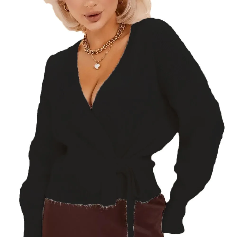 Suéter de punto de viento suave para mujer, abrigo con lazo, manga larga, holgado, versátil, a la moda, Top con cuello tipo Polo sin mangas