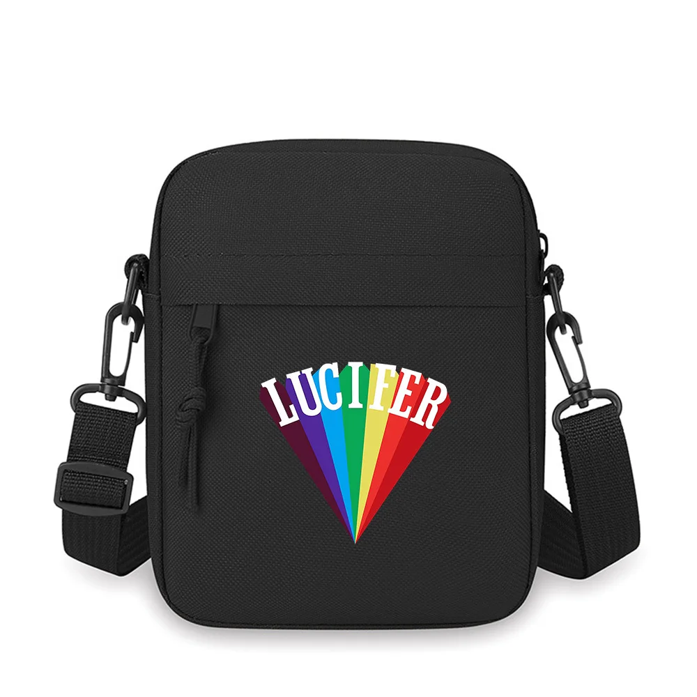 Colorful fan with the word Lucifer Men Crossbody Bag Single Shoulder Women Cartoon Anime Film Printing Design Unisex