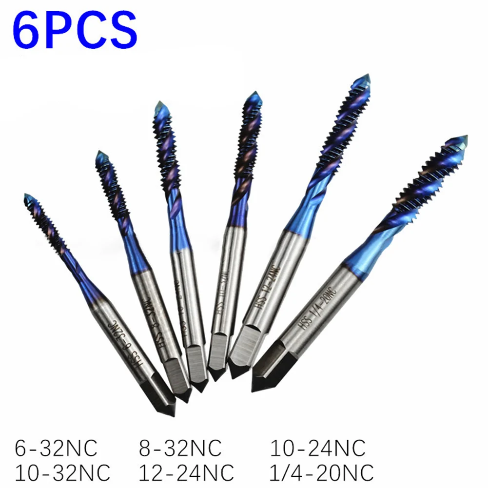 

6pcs Screw Tap Drill Thread Tap HSS Metric Plug Tap Blue Coated Machine Tap Threading Tools 6-32 8-32 10-24 10-32 12-24 1/4-20NC