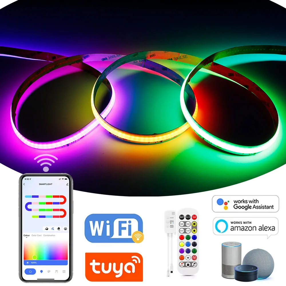 

WS2811 IC COB LED Light Strip Tuya WIFI APP Control Flexible Smart Addressable RGB LED Light Tape DC12V for Alexa Google