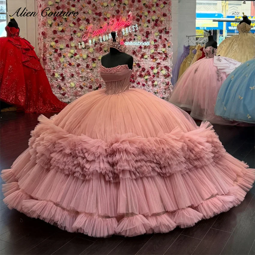 

Dust Pink Princess Quinceanera Dress 2025 Bead Crystals Tiered Ruffle 16th Birthday Prom Gown Pearls Ball Gown Customized