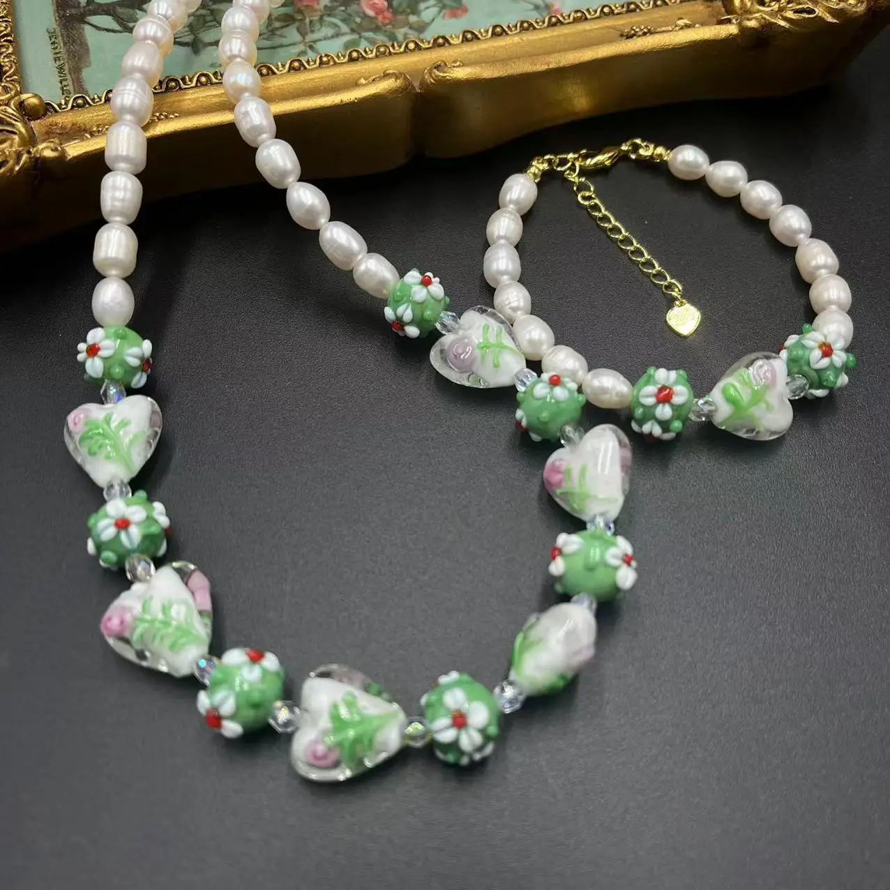 2023 New Vintage Fresh Water Pearl Western Return Glass Summer Love Forest Fashion Simple Fresh Necklace Bracelet Set