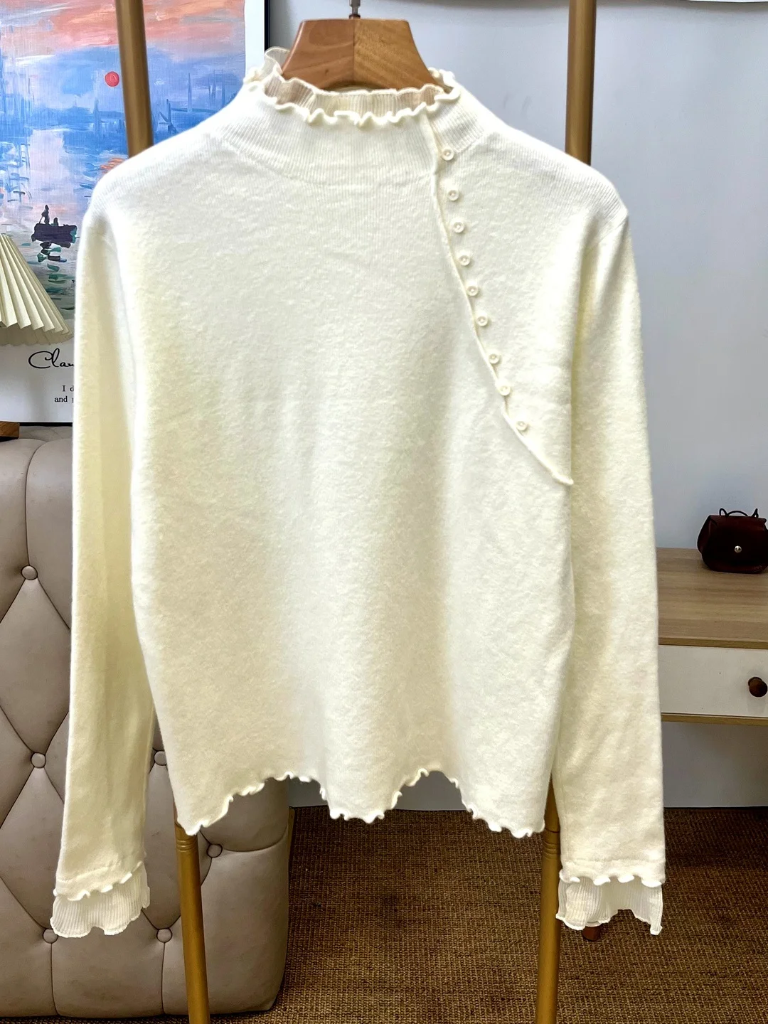 เสื้อสเวตเตอร์ไหมพรมทรงเข้ารูปแฟชั่นสำหรับผู้หญิง คอสูง ตัดต่อผ้า ดีไซน์ใหม่สำหรับฤดูหนาว เสื้อซับในลำลอง