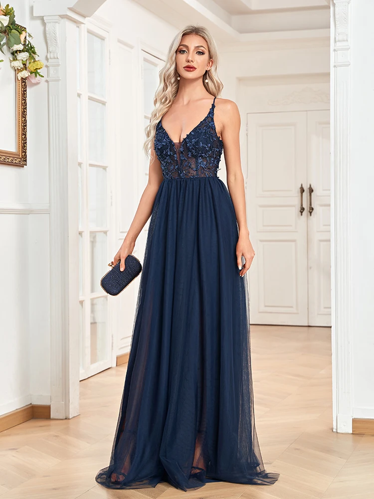 Lucyinlove Elegant Sexy Deep V Neck Navy Tulle Evening Dress Backless Chiffon Party Maxi Dress 2024 Women Dress Long Prom Dress