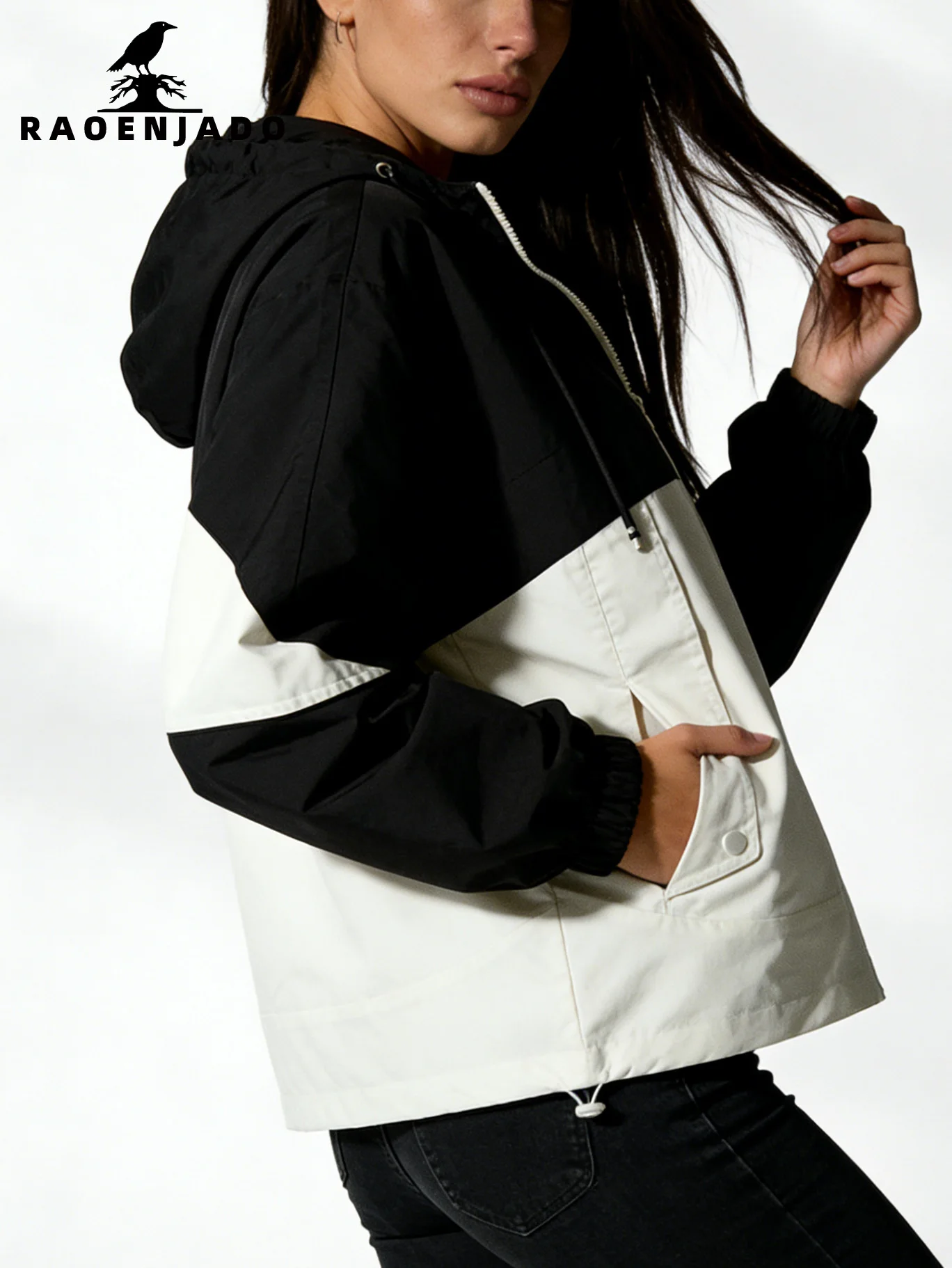 

Women's Hooded Jacket Spring&Autumn Zipper Loose-Fit Coat Casual Patchwork Color-Block Waterproof Elastic Cuff and Hem Outerwear