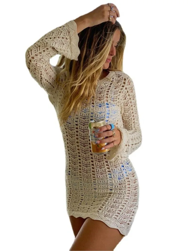 Mini abito con fiore a gancio, moda donna, maniche lunghe, prospettiva sexy, abiti senza schienale, abiti da spiaggia eleganti estivi da donna