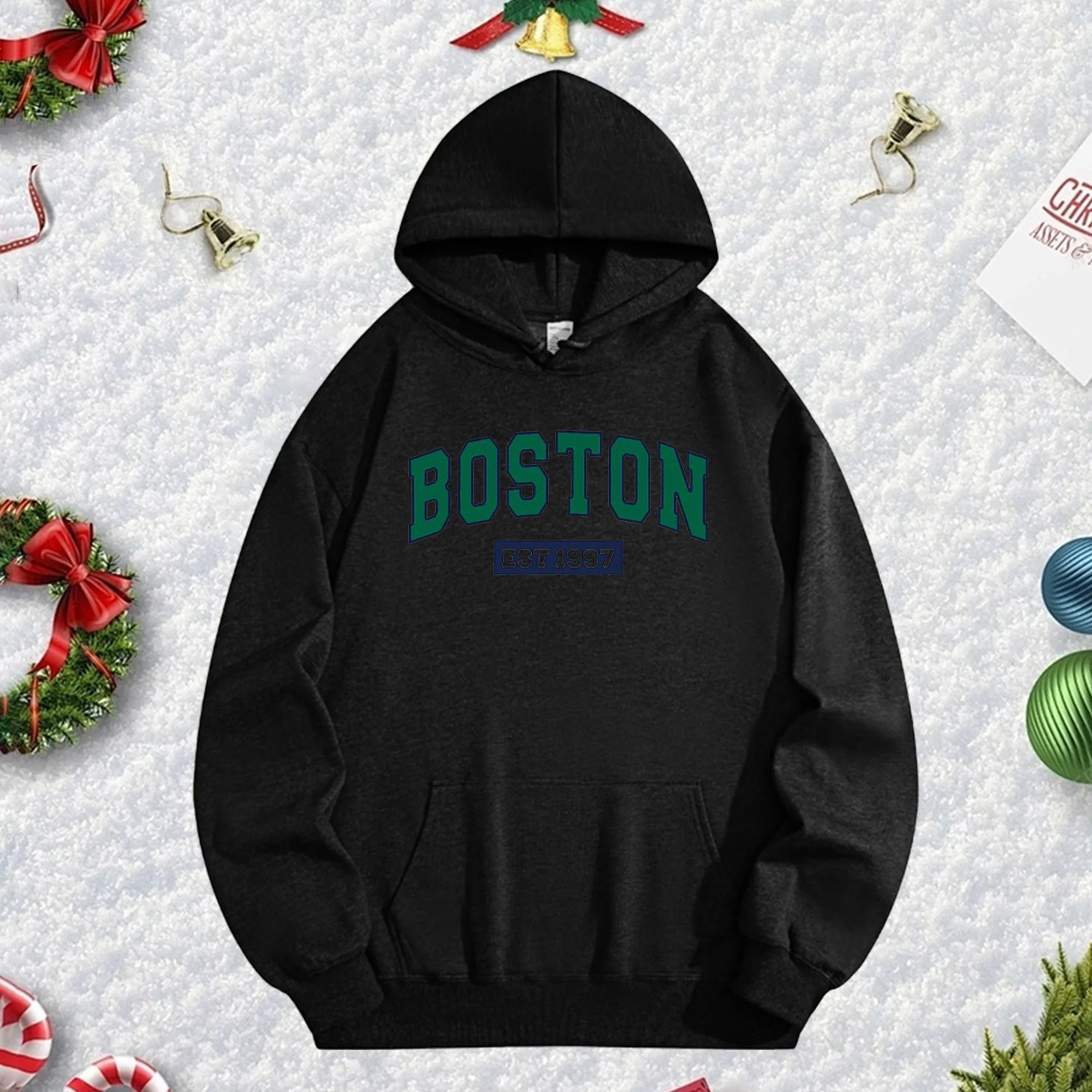 

BOSTON EST 1997, 270 г, черная толстовка унисекс, уютный флисовый пуловер для зимы, рождественского и новогоднего праздничного наряда