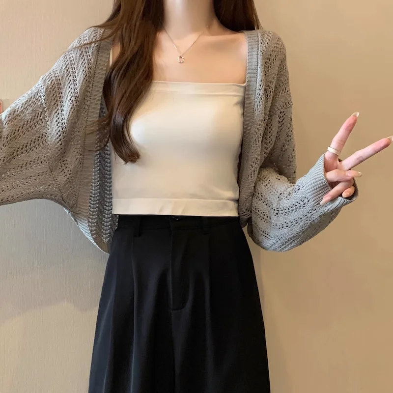 Pointelle tricot ouvert devant Cardigan pour femmes haut court haussement d'épaules Cardigan pull veste printemps été adolescente Y2K tenue