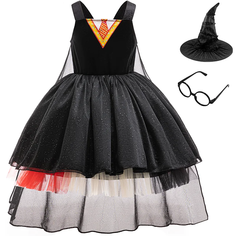 Kostum Cosplay Penyihir Jahat Ajaib Anak Perempuan Gaun Tulle Hitam dengan Kacamata Topi Penyihir untuk Anak-anak Pakaian Berdandan Karnaval Pesta Halloween