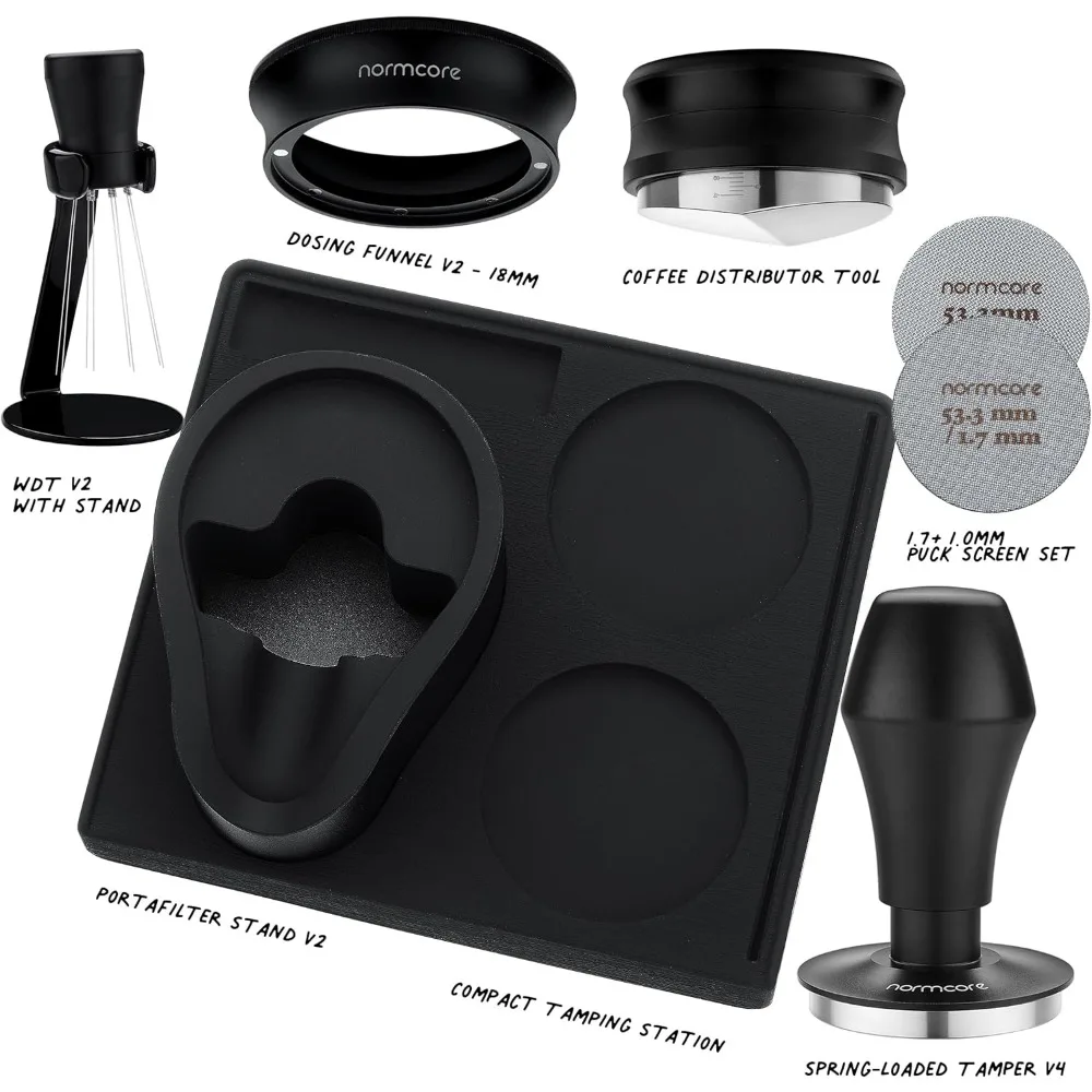 53.3mm 7-in-1 Compact Barista Kit: Coffee Tamper, Distributor Tool, WDT with Stand, Dosing funnel, Puck Screen, Tamping Mat