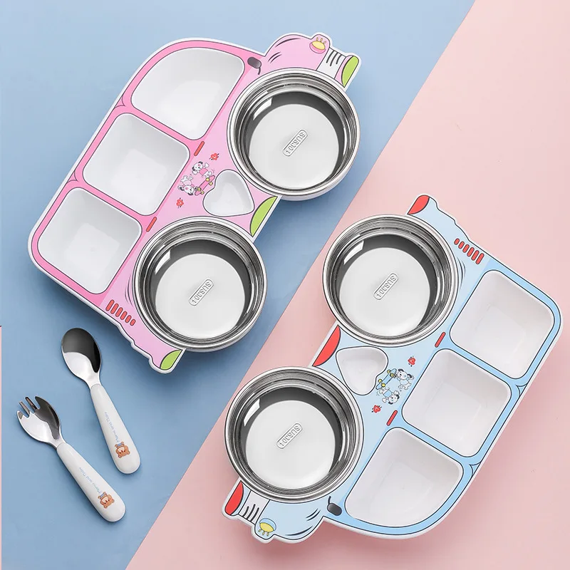 304 Stainless Steel Children's Car Plate Can Be Disassembled And Washed Baby Food Bowl Creative Cartoon Grid Plastic Plate Set