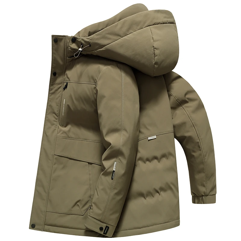 Mens Khaki Down Jacket for Men Detachable Hood Winter Hiking Puffer Coat Warm Outdoor Mountaineering Parka Cold Weather Coat