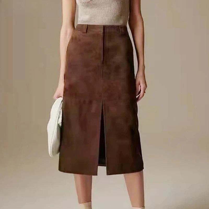 Retro Imported High Grade Suede Leather Skirt For Women  Winter New Old Money Upgraded  Suede Jupe Front Split Waist Loop Faldas