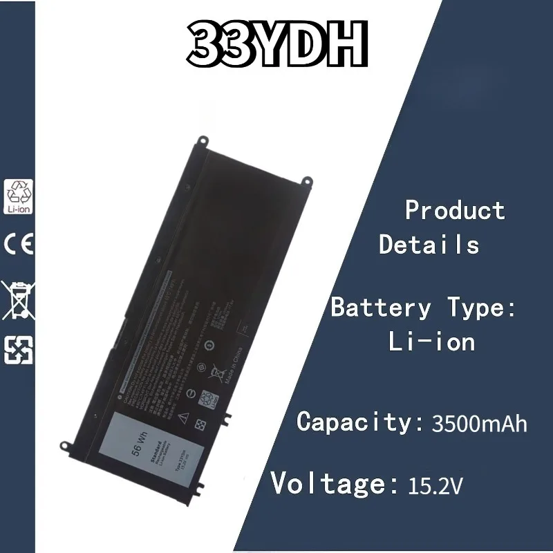 

15.2V 3500mAh 33YDH Laptop Battery for DELL Inspiron 17 7778 7779 7773 15 7577 G3 15 3579 5587 17 3779 7588 P30E Series 4 Cells