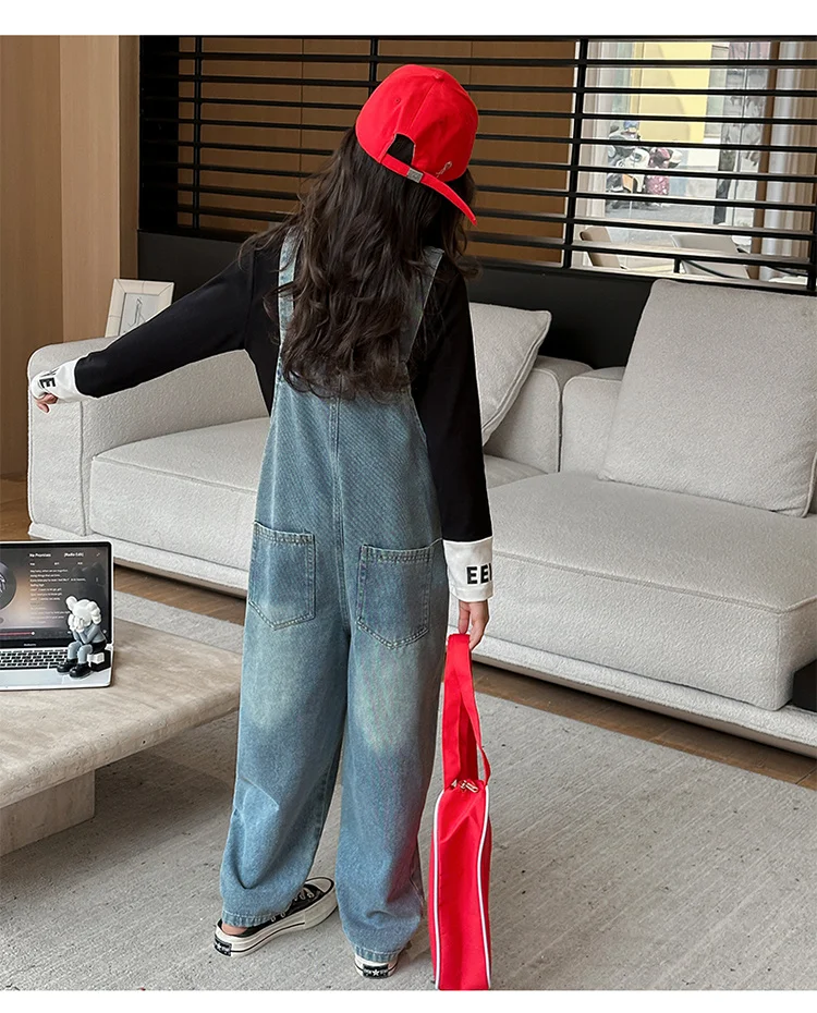 Frühlings- und Herbst-Kinder-Jumpsuit mit Tasche für Mädchen, Jeans-Latzhose, Kinder-Mädchen-Denim-Overalls für Teenager, Latzhose – Detail 8