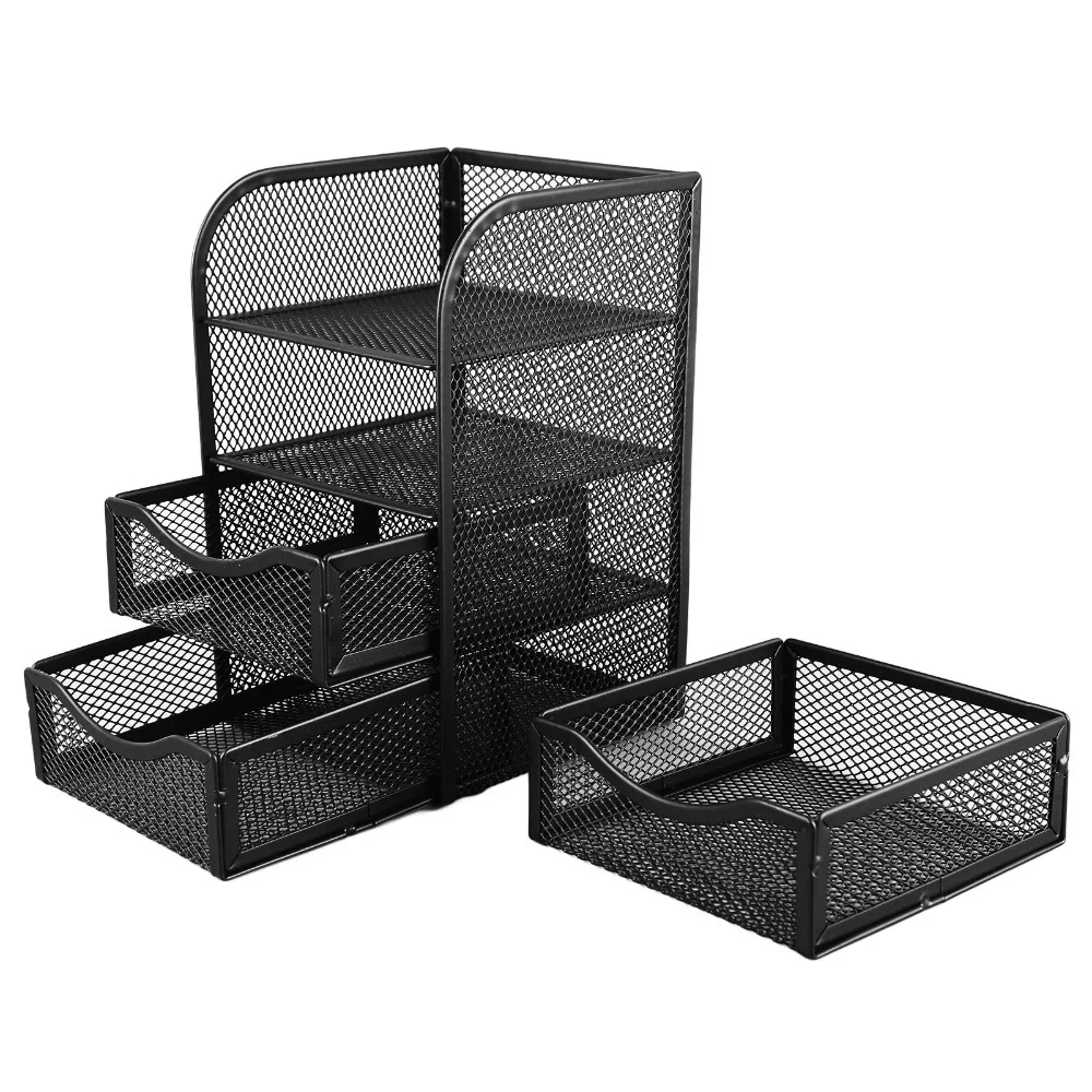 Pen Container 3 Drawers Desk Organizer Black Multifunctional Desktop Organizer Metal Wire Mesh Stationery Organizer For Office