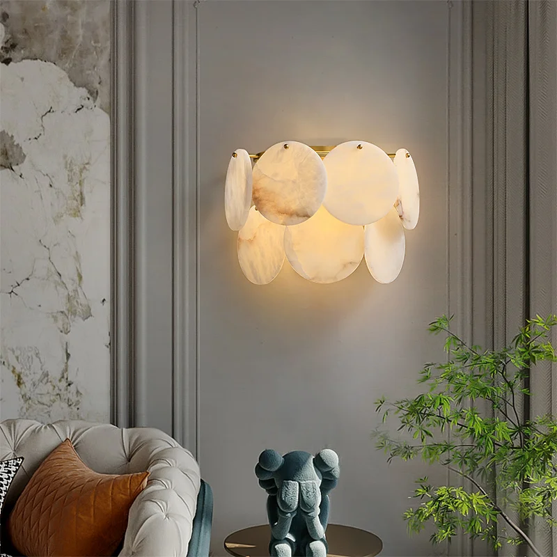 Modern Living Room Bedroom Brass Marble Wall Lamp Nordic Villa Hotel Aisle Corridor Copper Alabaster Wall Light Sconces