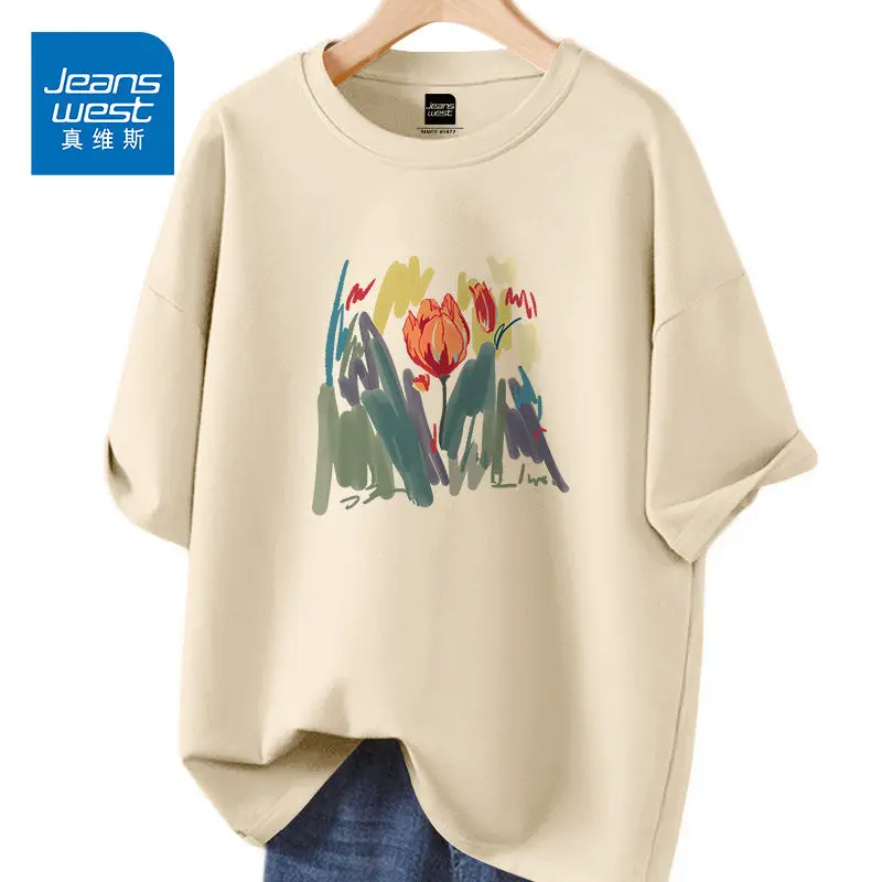 

Summer Oil Painting Style Printed Loose Simple Pullover Lady Basics T-shirt M-6XL Women Pure Cotton Short Sleeve O-neck Top Tees