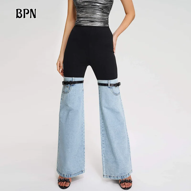 

BPN Hit Color Patchwork Belt Denim Trousers For Women High Waist Minimalist Spliced Zipper Streetwear Wide Leg Pants Female New