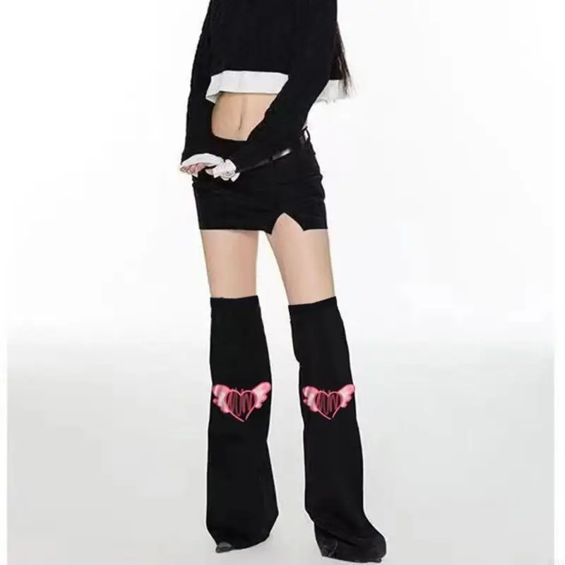 

W0YA Womens Punk Over Knee Black Denims Leg Warmers with Heart Wing Print Flared Harajuku Baggy Boot Covers Footless Socks