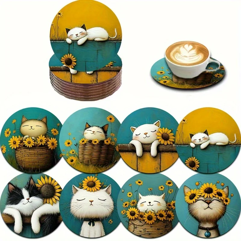 8PCS Cute Cat Sunflower Wooden Coasters Heat-Insulating Pads Tea Coffee Unique Home Decor Moving House Gift Protecting Tabletop