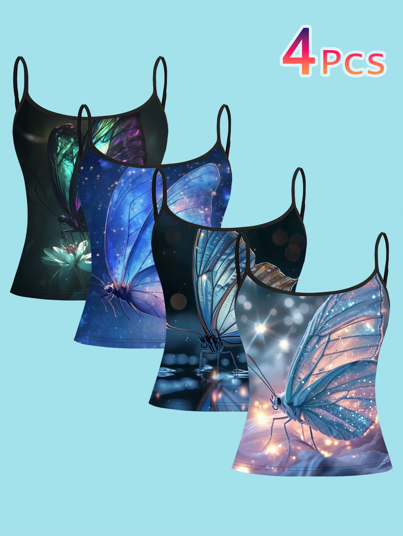 4-Piece Set of Soft Light Butterfly Camisole Set with Beautiful Starry Sky Iridescent Butterfly Pattern for Women's Inner Wear Base Layer Tank Top