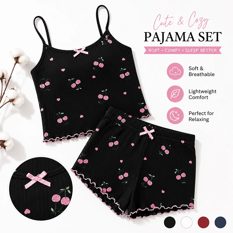FINETOO Cute Pink Heart Cherry Print Women 2Pcs Pajamas Ribbed Strap Camisole Short Pants Set Sweet Bow Home Wear Night Suit