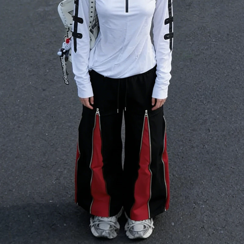 

Американские брюки унисекс в стиле хип-хоп с цветными блоками, на молнии, ретро, свободного прямого кроя, для мужчин и женщин