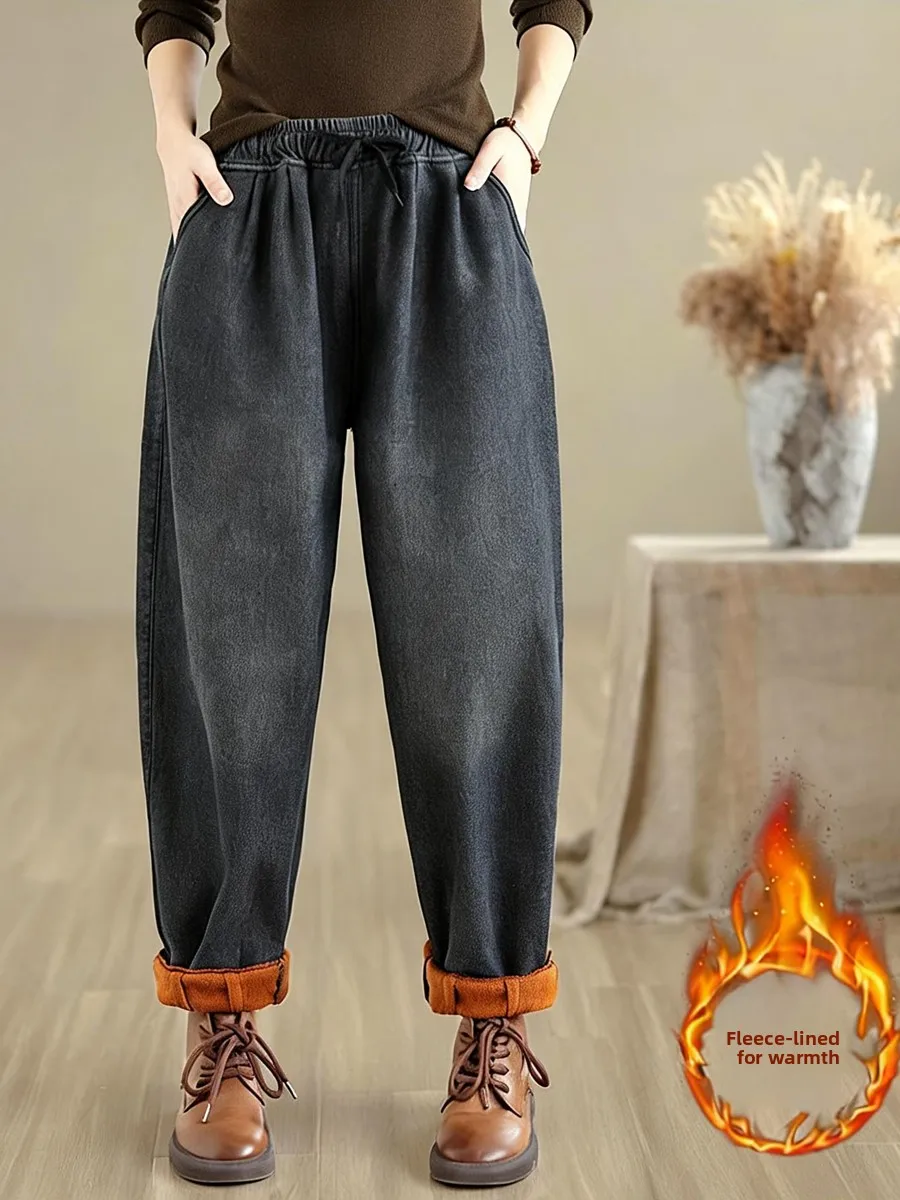 

Женские джинсовые джинсы Thiened Fce на подкладке в стиле ретро, большие размеры k, зимние теплые повседневные свободные брюки Харлан с эластичной резинкой на талии