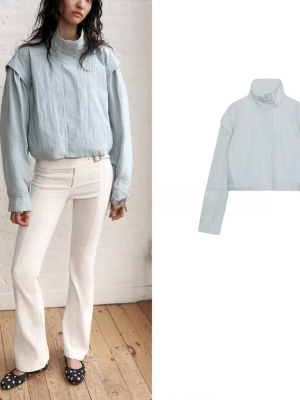 Spring Summer Women's Street Style Pleated Decorative Zipper Long Sleeve Stand Collar Short Coat Polyester Fiber 3D Effect